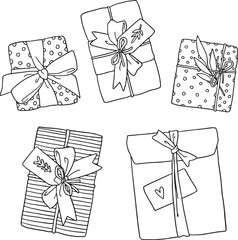 Set of various wrapped gifts and present boxes tied with ribbons, bows, and tags. Top view illustration perfect for holidays, celebrations, shopping, birthdays, Christmas, or surprise themes.