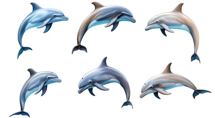 A illustration of six dolphins in various poses. their playful nature and gracefulness against a clean. white background. ideal for marine life education and ocean conservation themes