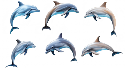 A illustration of six dolphins in various poses. their playful nature and gracefulness against a clean. white background. ideal for marine life education and ocean conservation themes