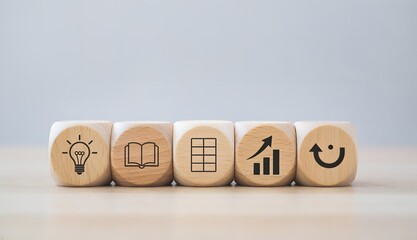 Business growth concept illustrated by a sequence of wooden blocks with icons symbolizing innovation, learning, data analysis, progress, and ultimate success