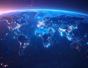 Glowing digital Earth with connected nodes across continents, blue tones