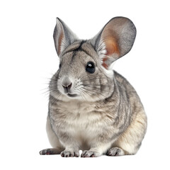 A close-up portrait of a fluffy. gray and white chinchilla sitting gracefully against a pure white background. its soft fur and large ears. perfect for animal-themed media