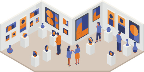 Isometric modern art gallery interior illustration, abstract paintings exhibition, museum visitors viewing artwork, creative cultural space design concept