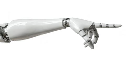 A futuristic robotic hand pointing forward. intricate mechanical details and smooth white surface. set against a minimalistic background. ideal for technology or innovation themes
