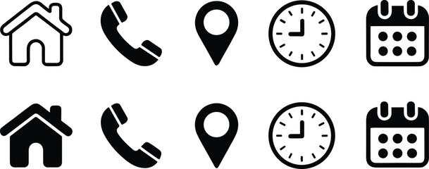 Essential vector icons for contact information and navigation, including home, telephone, clock, location pin, and calendar symbols rendered in both solid black silhouette and modern outline styles.