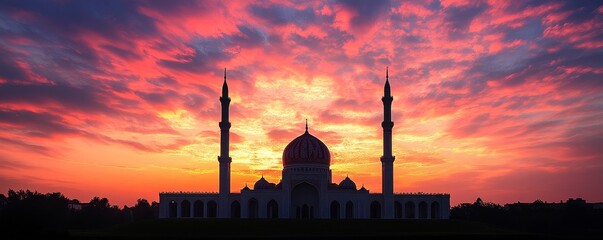 Iconic mosque silhouette against a dramatic sky at sunset, representing the timeless beauty of Islamic architecture. A symbol of worship, faith, and cultural heritage, Generative AI