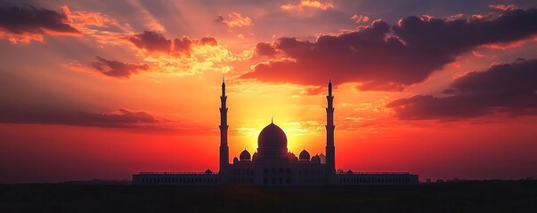 Iconic mosque silhouette against a dramatic sky at sunset, representing the timeless beauty of Islamic architecture. A symbol of worship, faith, and cultural heritage, Generative AI