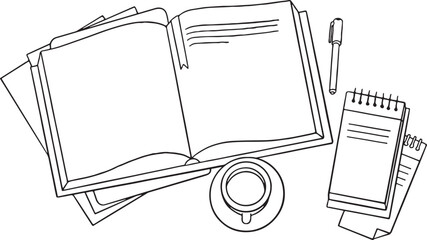 Top view illustration of a desk with an open book, coffee cup, pen, and small spiral notepad. Represents studying, writing, reading, work from home, learning, or a cozy break.