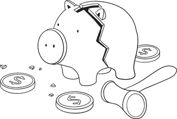 Broken piggy bank lying on the floor with scattered dollar coins and a small wooden hammer. Concept of financial crisis, savings withdrawal, debt, bankruptcy, or failure of a bank deposit.