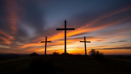Three crosses at sunset on a hill