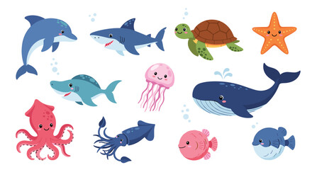 Obraz premium Adorable collection of cute cartoon sea animals with happy faces, including a dolphin, shark, turtle, whale, jellyfish, and octopus.