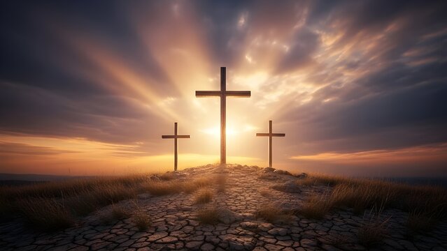 Three crosses on a hill at sunset with heavenly rays
