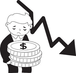 Sad businessman holding coins with dollar sign, standing next to a sharply downward trend arrow. Represents financial crisis, loss, economic downturn, or investment failure.