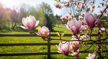 Magnolia flowers blooming in a field with a wooden fence in the background.