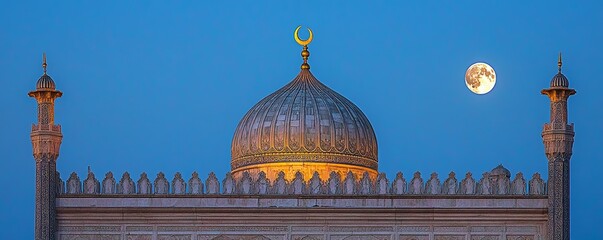 Mosque roof illuminated by moonlight during the night, with intricate architectural features reflecting Islamic culture. Symbolizing the spiritual connection to Allah and the sacredness, Generative AI