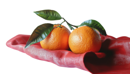 Two fresh oranges with green leaves resting on pink fabric against Transparent Background