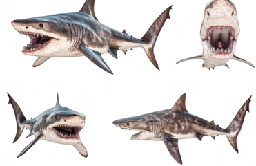 A dynamic collage of various shark species their powerful jaws and sharp teeth. swimming in an oceanic environment with marine life in the background