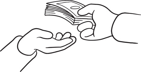 Line art vector illustration of one hand giving a stack of money or cash to another open hand. Represents financial transactions, payment, salary, loan, bribe, lending, or donation.