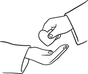 One hand gently giving a small heart shape to another open hand. Concept of donation, charity, love, care, generosity, or spiritual help. Hand-drawn line art illustration, ideal for medical.