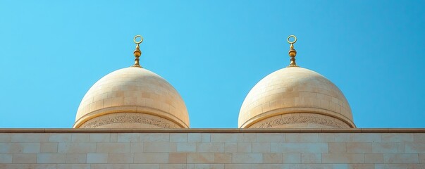 Faith, culture, and architecture represented by the roof of a mosque against a clear blue sky. The beauty of Islamic design, symbolizing the importance of religious practice, Generative AI
