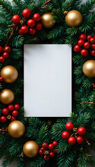 High angle view of Christmas festive mockup background with blank white paper on green fir branches decorated with red berries and golden ornaments for holiday greeting card.