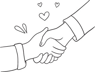 Friendly handshake between two people with heart symbols floating around them. Concept of a warm welcome, love, support, friendship, or greeting someone with affection.