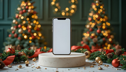 Modern smartphone mockup with blank white screen on a circular podium surrounded by elegant Christmas decorations and blurred trees for holiday app promotion.