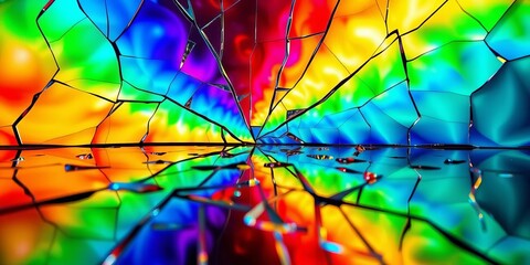 Shattered mirror reflects vibrant, kaleidoscopic colors, dreamlike shards,  pieces,   glass shards