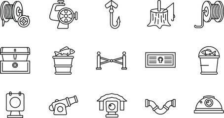 Diverse line icons set for fishing, history, plumbing, and security, featuring reel, cannon, hook, chest, water pipes, and museum rope barrier vector illustration.