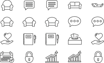 Diverse essential line icons set, including furniture, chat bubbles, calendar, padlock, finance charts, and health symbols for communication and business vector.