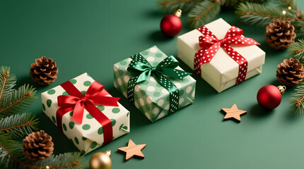 Three beautiful Christmas gift boxes with polka dot pattern and colorful ribbons arranged on green background with fir branches and festive holiday ornaments.