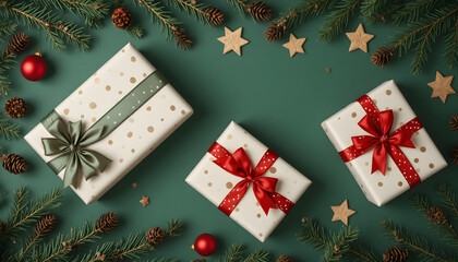Three beautiful Christmas gift boxes with polka dot pattern and colorful ribbons arranged on green background with fir branches and festive holiday ornaments.