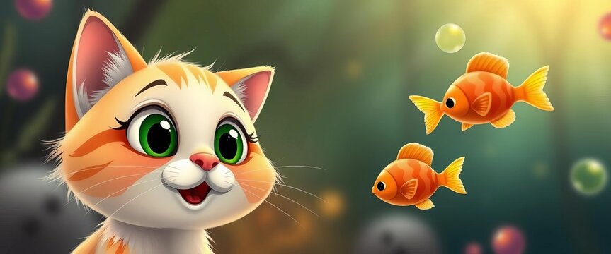 Whimsical cartoon cat with big eyes playfully observes tiny fish,  bond,  fish