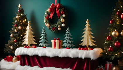 Festive Christmas display table with white faux fur red silk cloth mini gold trees and wreath on dark green background.