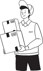 Delivery man or courier in a uniform cap holding two stacked cardboard boxes with shipping labels. Hand-drawn line art illustration representing fast shipment, logistics, e-commerce, or mail service. 
