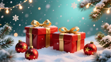 Beautiful Christmas red gift boxes with golden ribbons on white snow background with festive ornaments pine branches and glowing bokeh lights