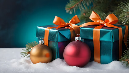 Two elegant teal blue Christmas gift boxes with orange ribbons placed on white snow with festive ornaments and pine branches background.