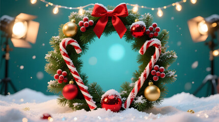 Beautiful Christmas wreath with red bow candy canes and festive ornaments on white snow with studio lighting equipment on turquoise background.