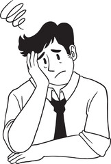 Sad, depressed, or frustrated businessman sitting and holding his head, with a swirl symbol indicating confusion or mental exhaustion. Hand-drawn line art illustration for concepts of stress, burnout.