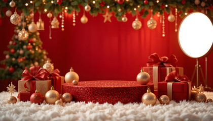 Festive Christmas product podium background with red glitter pedestal stage and luxury gift boxes on white fur carpet with evergreen garland decor.