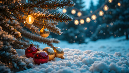 Close up of glowing vintage light bulbs hanging on snowy pine branches with red and gold Christmas baubles on snow.