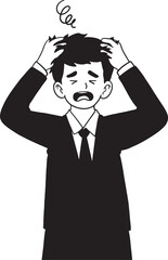 Shocked or stressed businessman in a suit clutching his head with both hands, with a swirl symbol indicating dizziness or confusion. Hand-drawn line art illustration for concepts of headache.