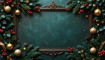 Luxurious emerald green Christmas background with vintage ornate frame border decorated with pine branches golden baubles and red berries.