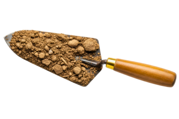 Small garden trowel with a wooden handle holding fresh soil on a transparent background