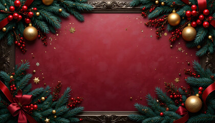 Elegant Christmas background with dark red textured center and festive border featuring pine branches golden ornaments and red berries