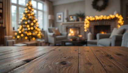 Empty wooden table surface in front of a cozy blurred Christmas living room with fireplace glowing lights and decorated tree background.