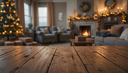 Empty wooden table surface in front of a cozy blurred Christmas living room with fireplace glowing lights and decorated tree background.
