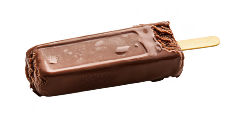 A delicious chocolate-covered ice cream bar resting on a clean white surface. its smooth texture and wooden stick. perfect for summer treats or dessert promotions