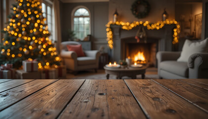 Empty wooden table surface in front of a cozy blurred Christmas living room with fireplace glowing lights and decorated tree background.