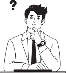 Confused businessman sitting and thinking deeply with a question mark above his head. Man in a suit wondering, analyzing, or seeking a solution to a problem. Hand-drawn line art illustration.